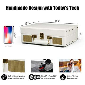 Vintage 3-Speed Bluetooth Portable USB Suitcase Record Player with Built-in Speakers, Upgraded Vinyl Turntable Audio Sound, Includes Extra Stylus & Mat, White Leather