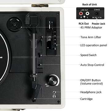 Vintage 3-Speed Bluetooth Portable USB Suitcase Record Player with Built-in Speakers, Upgraded Vinyl Turntable Audio Sound, Includes Extra Stylus & Mat, White Leather