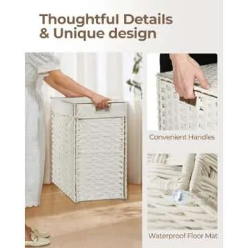 Greenstell Laundry Hamper with lid, No Install Needed, 110L Wicker Laundry Baskets Foldable 2 Removable Liner Bags, 2 Section Clothes Hamper Handwoven Rattan Laundry Basket with Handles, White
