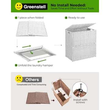 Greenstell Laundry Hamper with lid, No Install Needed, 110L Wicker Laundry Baskets Foldable 2 Removable Liner Bags, 2 Section Clothes Hamper Handwoven Rattan Laundry Basket with Handles, White