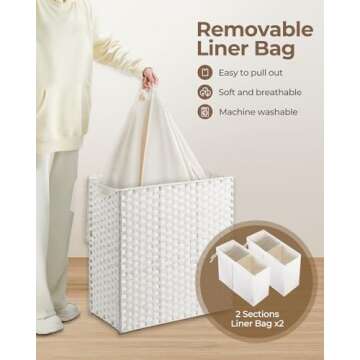 Greenstell Laundry Hamper with lid, No Install Needed, 110L Wicker Laundry Baskets Foldable 2 Removable Liner Bags, 2 Section Clothes Hamper Handwoven Rattan Laundry Basket with Handles, White