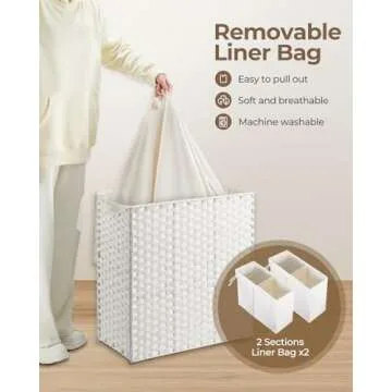 Greenstell Laundry Hamper with lid, No Install Needed, 110L Wicker Laundry Baskets Foldable 2 Removable Liner Bags, 2 Section Clothes Hamper Handwoven Rattan Laundry Basket with Handles, White