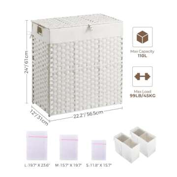 Greenstell Laundry Hamper with lid, No Install Needed, 110L Wicker Laundry Baskets Foldable 2 Removable Liner Bags, 2 Section Clothes Hamper Handwoven Rattan Laundry Basket with Handles, White