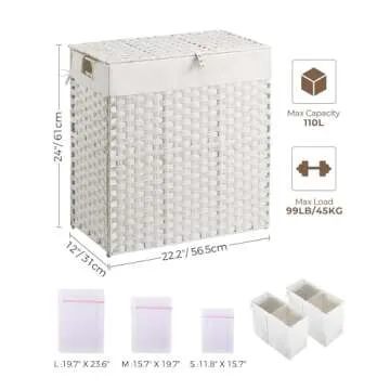 Greenstell Laundry Hamper with lid, No Install Needed, 110L Wicker Laundry Baskets Foldable 2 Removable Liner Bags, 2 Section Clothes Hamper Handwoven Rattan Laundry Basket with Handles, White