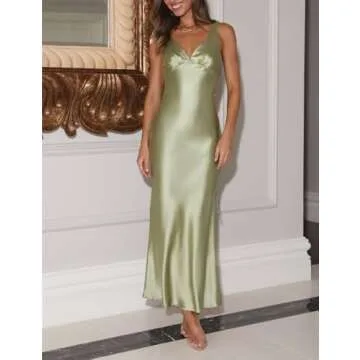 Womens Elegant Satin V Neck Backless Sleeveless Maxi Dress Silk Tie Low Back Formal Cocktail Dresses Wedding Guest Sage