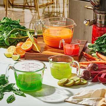 Set of 3 Glass Measuring Cups with Measuring Spoons & Whisk - Kitchen Mixing Bowl Liquid Measure Cup, Glass Bakeware. 1 cup, 2 cup, 4 cup.