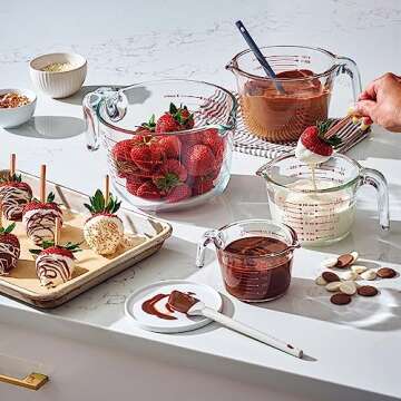 Set of 3 Glass Measuring Cups with Measuring Spoons & Whisk - Kitchen Mixing Bowl Liquid Measure Cup, Glass Bakeware. 1 cup, 2 cup, 4 cup.