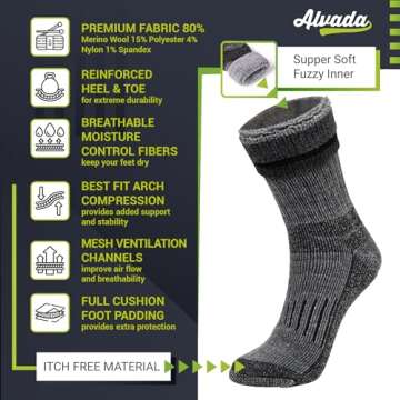 Alvada Warm Thermal Wool Socks for Winter Moisture Wicking and Breathable Cozy Boot Socks Charcoal SM