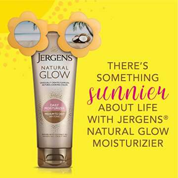 Jergens Natural Glow Self Tanner Body Lotion, Sunless Tanning, Medium to Deep Skin Tone, Daily Moisturizer with Coconut Oil, Vitamin E and Antioxidants, 7.5 Oz