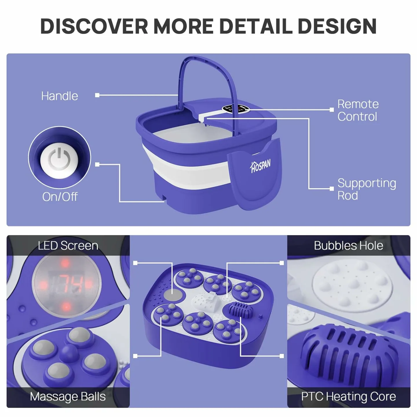 (2023.8 Upgrade Collapsible Foot Spa Electric Rotary Massage, Foot Bath with Heat, Bubble, Remote, and 24 Motorized Shiatsu Massage Balls. Pedicure Foot Spa for Feet Stress Relief - FS02A