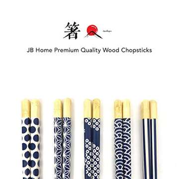 JapanBargain, Bamboo Chopsticks Reusable Japanese Chinese Korean Chopsticks Set Wood Chop Sticks Hair Sticks 5 Pair Gift Set Dishwasher Safe, 9 inch (1, Ivory/Blue)