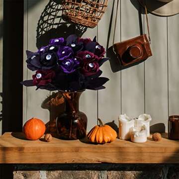YXYQR Halloween Flowers with Eyes Decorations, 12pcs Halloween Black Red Purple Roses with Eyeballs,...