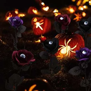 YXYQR Halloween Flowers with Eyes Decorations, 12pcs Halloween Black Red Purple Roses with Eyeballs, Artificial Halloween Flowers with Stem Bouquets Arrangements for Pot Garland Halloween Party Decor