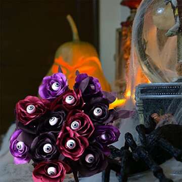 YXYQR Halloween Flowers with Eyes Decorations, 12pcs Halloween Black Red Purple Roses with Eyeballs, Artificial Halloween Flowers with Stem Bouquets Arrangements for Pot Garland Halloween Party Decor