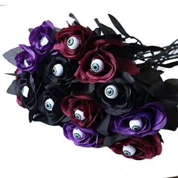 YXYQR Halloween Flowers with Eyes Decorations, 12pcs Halloween Black Red Purple Roses with Eyeballs, Artificial Halloween Flowers with Stem Bouquets Arrangements for Pot Garland Halloween Party Decor