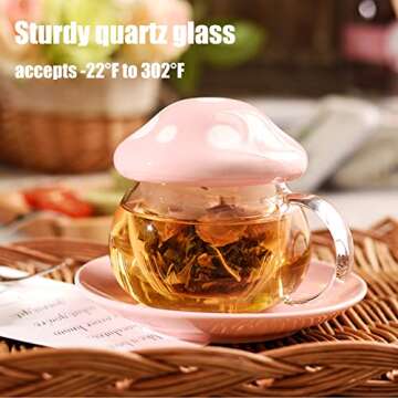 Aboyer Mushroom Cup Cute Glass Tea Cup with Infuser and Lid Kawaii Mushroom Mug Set Coffee Teapot wi...