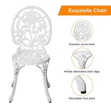 HOMEFUN Bistro Table and Chairs Set of 2 Outdoor 3 Piece Patio Set, Rose Pattern Cast Aluminum Bistro for Garden Balcony, Durable Rust All-Weather Resistance, Rose White