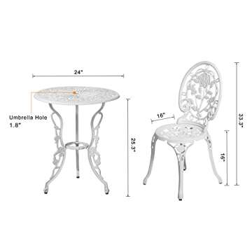 HOMEFUN Bistro Table and Chairs Set of 2 Outdoor 3 Piece Patio Set, Rose Pattern Cast Aluminum Bistro for Garden Balcony, Durable Rust All-Weather Resistance, Rose White