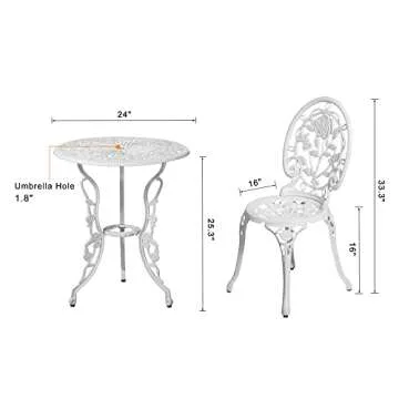 HOMEFUN Bistro Table and Chairs Set of 2 Outdoor 3 Piece Patio Set, Rose Pattern Cast Aluminum Bistro for Garden Balcony, Durable Rust All-Weather Resistance, Rose White
