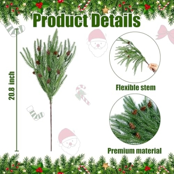 10 Pcs Christmas Norfolk Pine Branches with Pine Cones