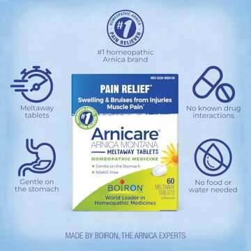 Boiron Arnicare Tablets for Pain Relief from Muscle Pain, Joint Soreness, Swelling from Injury or Bruises - 60 Count