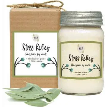 Aira Soy Candles - Organic, Kosher, Vegan, in Mason Jar w/Therapeutic Grade Essential Oil Blends - Hand-poured 100% Soy Candle Wax - Paraffin Free, Burns 110+ Hours -Relaxing Stress Relief -16 Ounces