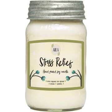 Aira Soy Candles - Organic, Kosher, Vegan, in Mason Jar w/Therapeutic Grade Essential Oil Blends - Hand-poured 100% Soy Candle Wax - Paraffin Free, Burns 110+ Hours -Relaxing Stress Relief -16 Ounces