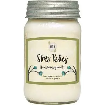 Aira Soy Candles - Organic, Kosher, Vegan, in Mason Jar w/Therapeutic Grade Essential Oil Blends - Hand-poured 100% Soy Candle Wax - Paraffin Free, Burns 110+ Hours -Relaxing Stress Relief -16 Ounces