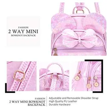 KL928 Girls Bowknot Polka Dot Cute Mini Backpack Small Daypacks Convertible Shoulder Bag Purse for Women (Shiny Purple)