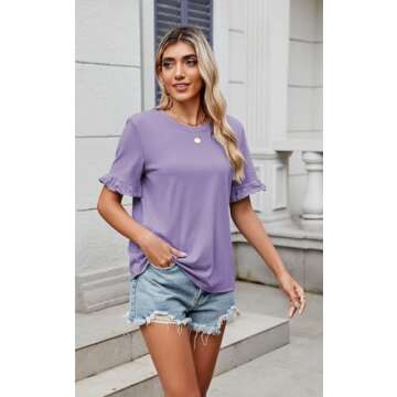 ECOWISH Women Short Sleeve Tops: 2024 Summer Fashion Crewneck Ruffle Blouses Loose Fit Solid Color T...