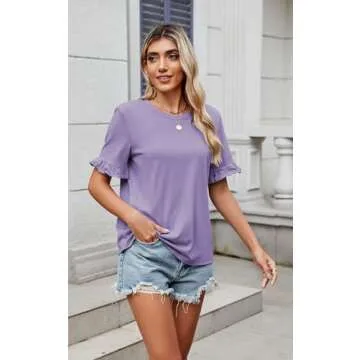 ECOWISH Women Short Sleeve Tops: 2024 Summer Fashion Crewneck Ruffle Blouses Loose Fit Solid Color T...