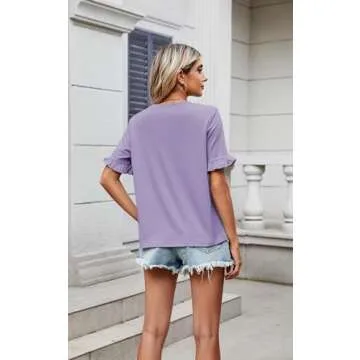 ECOWISH Women Short Sleeve Tops: 2024 Summer Fashion Crewneck Ruffle Blouses Loose Fit Solid Color Tee Dressy Work Tshirts Purple M