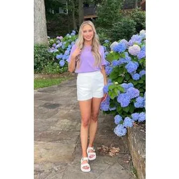 ECOWISH Women Short Sleeve Tops: 2024 Summer Fashion Crewneck Ruffle Blouses Loose Fit Solid Color Tee Dressy Work Tshirts Purple M