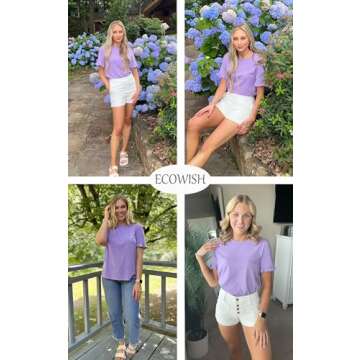 ECOWISH Women Short Sleeve Tops: 2024 Summer Fashion Crewneck Ruffle Blouses Loose Fit Solid Color Tee Dressy Work Tshirts Purple M