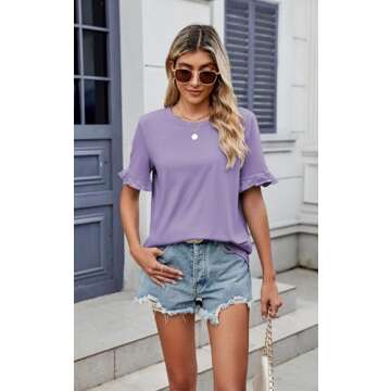 ECOWISH Women Short Sleeve Tops: 2024 Summer Fashion Crewneck Ruffle Blouses Loose Fit Solid Color Tee Dressy Work Tshirts Purple M