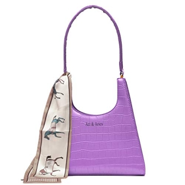 Ari & Aries 90s Shoulder Bag Hobo Bag Leather short Handle and Silk Scarf, Full Luxury Gift Box Retr...