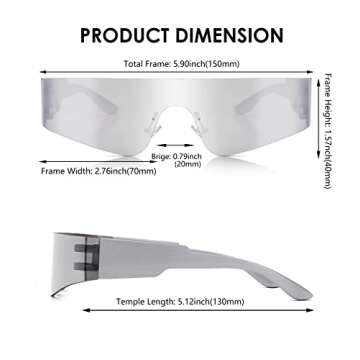 NULOOQ Y2K Rimless Futuristic Wrap Around Sunglasses Women Men, Trendy Cyberpunk Visor Sunglasses Monoblock Cyclops Shades (Silver/Silver Mirrored + Purple/Pink Mirrored) - 2 Pack