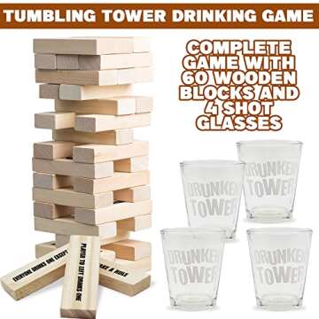 ArtCreativity Tumbling Tower Drinking Game, Drinking Game with 4 Glasses and 60 Wooden Blocks with C...