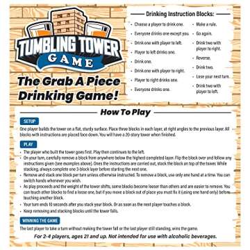 ArtCreativity Tumbling Tower Drinking Game, Drinking Game with 4 Glasses and 60 Wooden Blocks with Challenges, Fun House Party Games for Game Night, Great Gift Idea