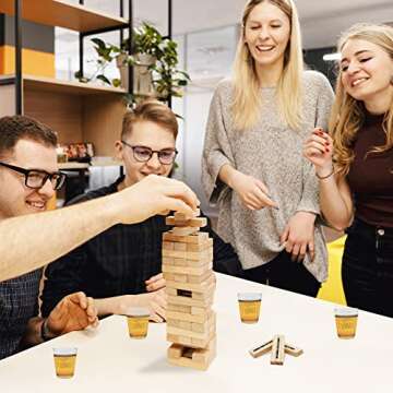 ArtCreativity Tumbling Tower Drinking Game, Drinking Game with 4 Glasses and 60 Wooden Blocks with Challenges, Fun House Party Games for Game Night, Great Gift Idea
