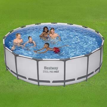 Bestway Steel Pro MAX 15 Foot by 48 Inches Round Above Ground Family Swimming Pool Set Outdoor Steel Frame with Filter, Pump, Ladder, and Cover, Gray