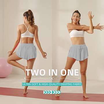 Flowy Athletic Shorts for Women Running Tennis Butterfly Shorts Girls 2-in-1 Double Layer Quick-Drying Comfy Shorts (Medium, Light Gray)