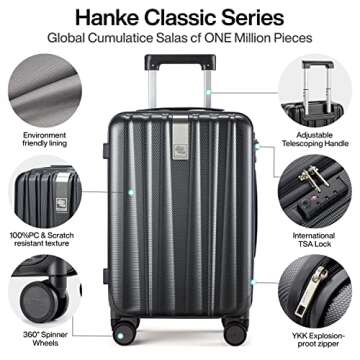 Hanke 20 Inch Carry On Luggage 22x14x9 Airline Approved Lightweight PC Hard Shell Suitcases with Wheels Tsa Luggage Rolling Suitcase Travel Luggage Bag for Weekender(Jet Black)