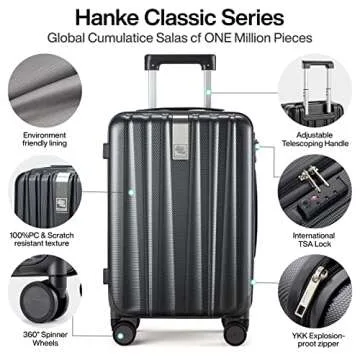 Hanke 20 Inch Carry On Luggage 22x14x9 Airline Approved Lightweight PC Hard Shell Suitcases with Wheels Tsa Luggage Rolling Suitcase Travel Luggage Bag for Weekender(Jet Black)