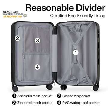 Hanke 20 Inch Carry On Luggage 22x14x9 Airline Approved Lightweight PC Hard Shell Suitcases with Wheels Tsa Luggage Rolling Suitcase Travel Luggage Bag for Weekender(Jet Black)