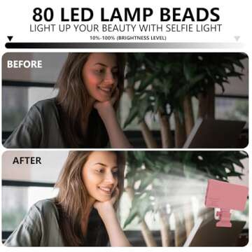 Zhaoray Pink Selfie Light with Phone Light Clip,80led Portable Selfie Light with 3 Light Modes and Infinite Adjustment Modes, 2000mah Rechargeable Selfie Light for Phone, Laptop, Makeup, Live Stream