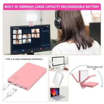 Zhaoray Pink Selfie Light with Phone Light Clip,80led Portable Selfie Light with 3 Light Modes and Infinite Adjustment Modes, 2000mah Rechargeable Selfie Light for Phone, Laptop, Makeup, Live Stream