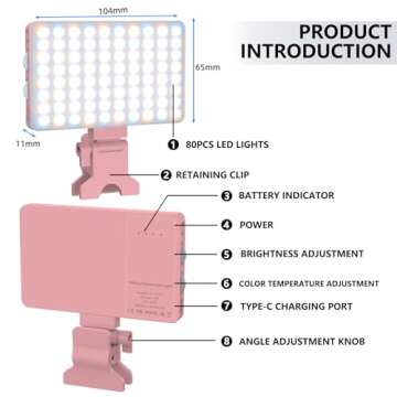Zhaoray Pink Selfie Light with Phone Light Clip,80led Portable Selfie Light with 3 Light Modes and Infinite Adjustment Modes, 2000mah Rechargeable Selfie Light for Phone, Laptop, Makeup, Live Stream