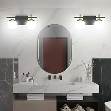 Ralbay Black Gold 2-Light Mid Century Modern Bathroom Vanity Light Fixture, Black/Golden Milky Glass Ball Wall Light for Bathroom (Exclude Bulb)