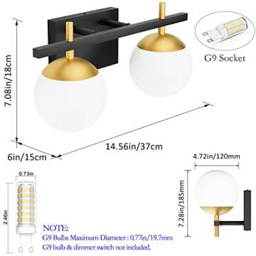 Ralbay Black Gold 2-Light Mid Century Modern Bathroom Vanity Light Fixture, Black/Golden Milky Glass Ball Wall Light for Bathroom (Exclude Bulb)